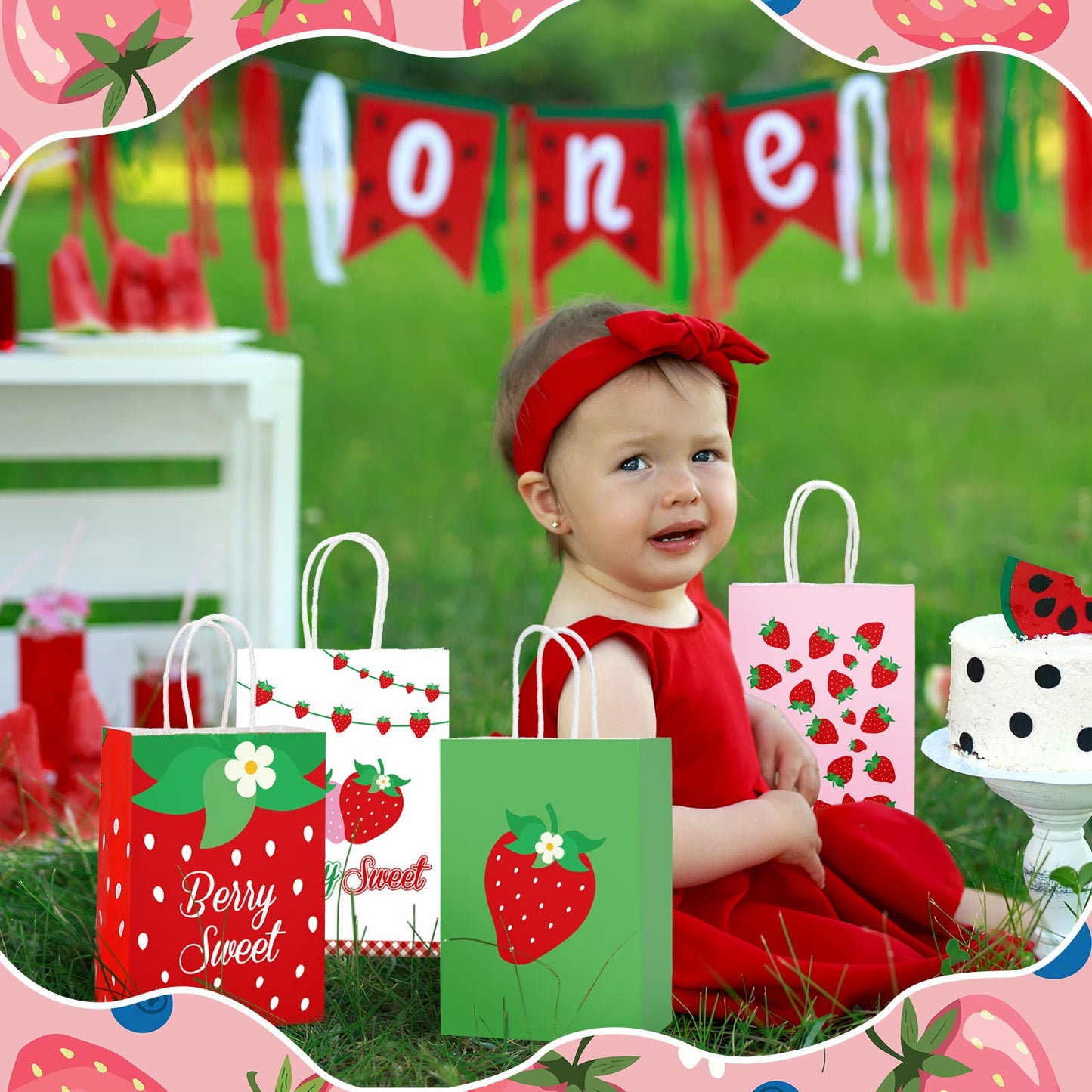 Outus 24 Pcs Strawberry Party Favor Bags Summer Strawberry Gift Bags Cute Strawberry Goodie Candy Paper Bags with Handles for Kids Berry First Birthday Party Supplies Baby Shower Wedding Decoration