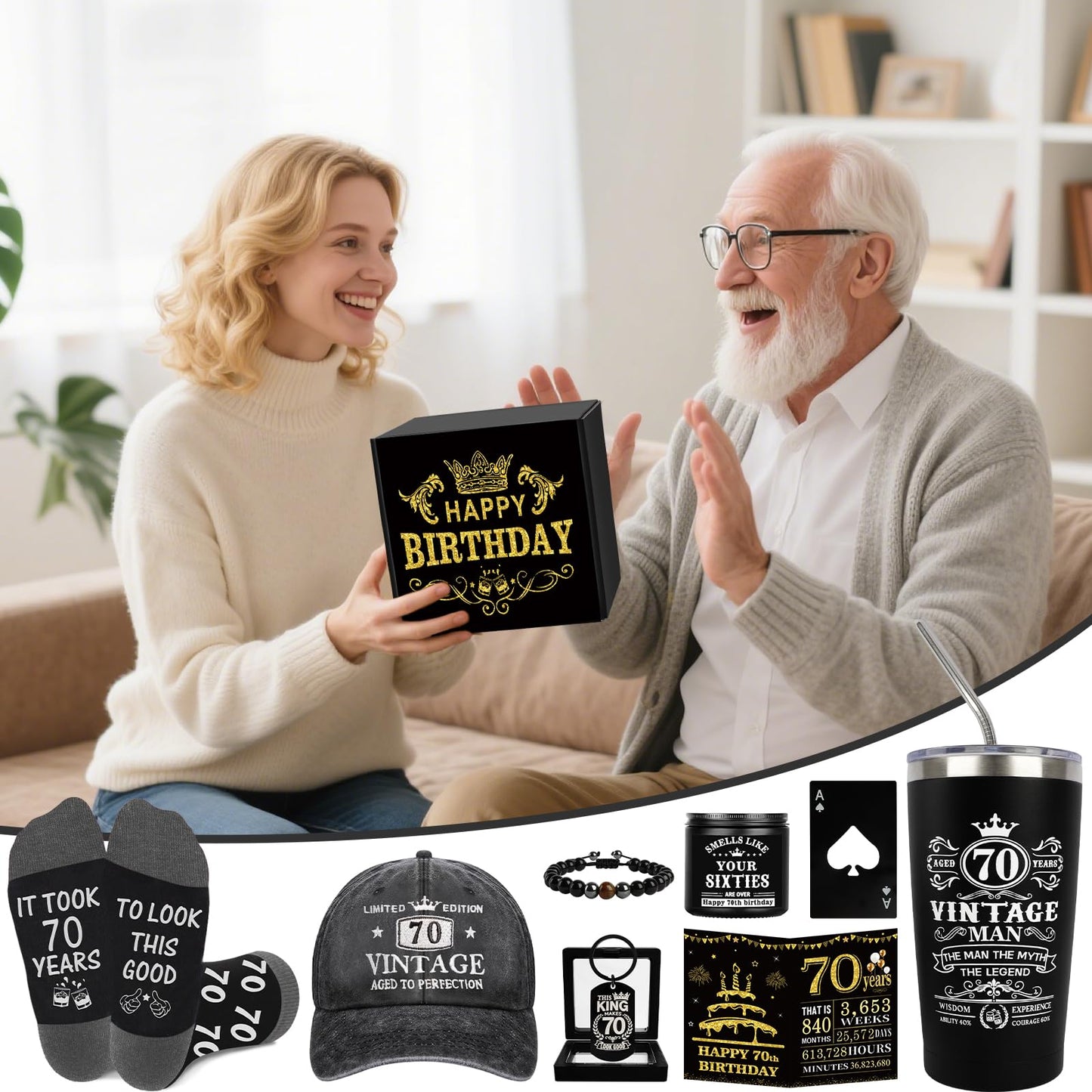 70th Birthday Gifts for Men - Unique Birthday Box with 20 Oz Tumbler, Baseball Cap, Socks, Bracelets, Scented Candle, Happy 70th Birthday Decorations for Husband, Dad, Grandpa, Friends, Boss