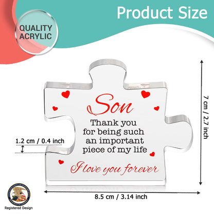 VELENTI Gifts for Son - Engraved Acrylic Block Puzzle Son Gift 3.35 x 2.76 inch - Son Thank You Gift from Mom and Dad - Son Birthday Gift - Christmas, Graduation Gift for Men, Boys