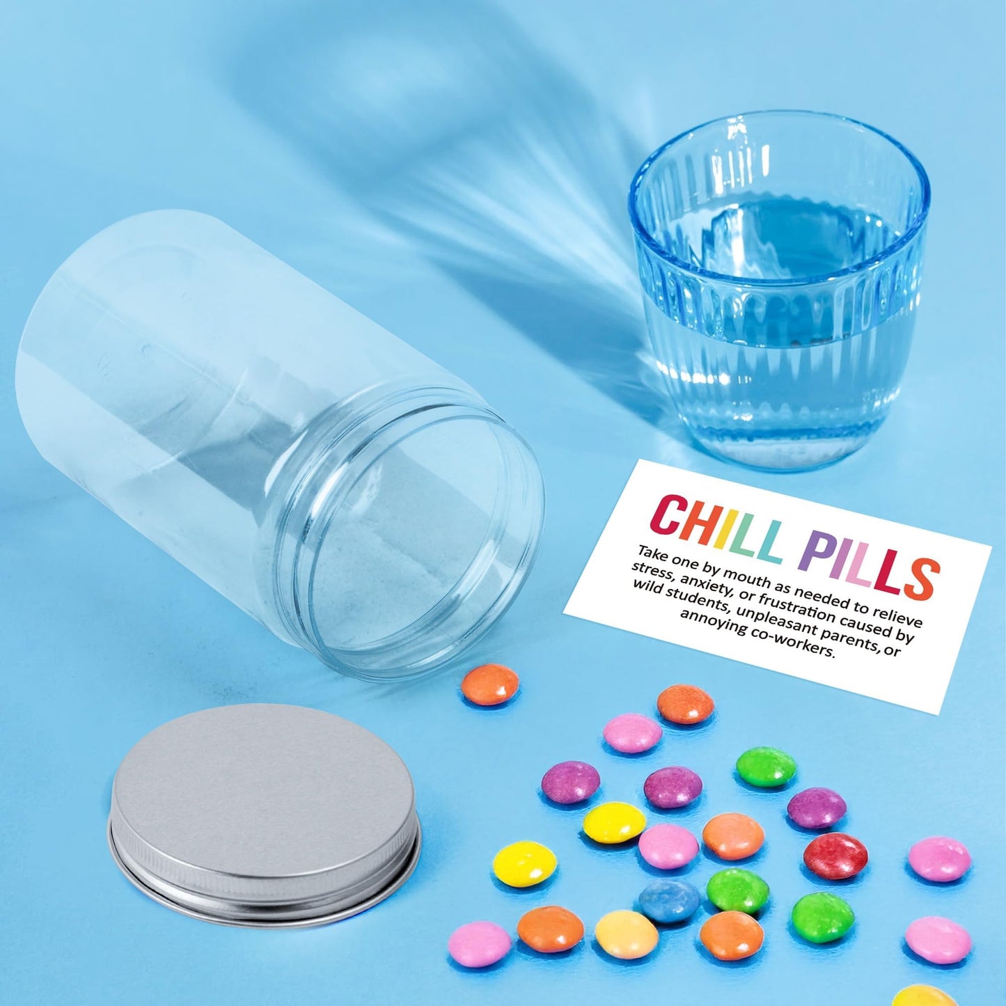 Funny Teacher Appreciation Gift - Plastic Chill Pills Jar with "Chill Pills"Sticker Cute Practical Medication Management Transparent Jars for Teacher's Day Graduation Gift(Candy Not Included)