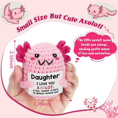Daughter Gifts from Mom on Mothers Day, Handmade Crochet Axolotl Plush with I Love You Sign, Teen Girl Trendy Stuff, Birthday Christmas Valentines Easter Basket Stuffers for Tweens Kid
