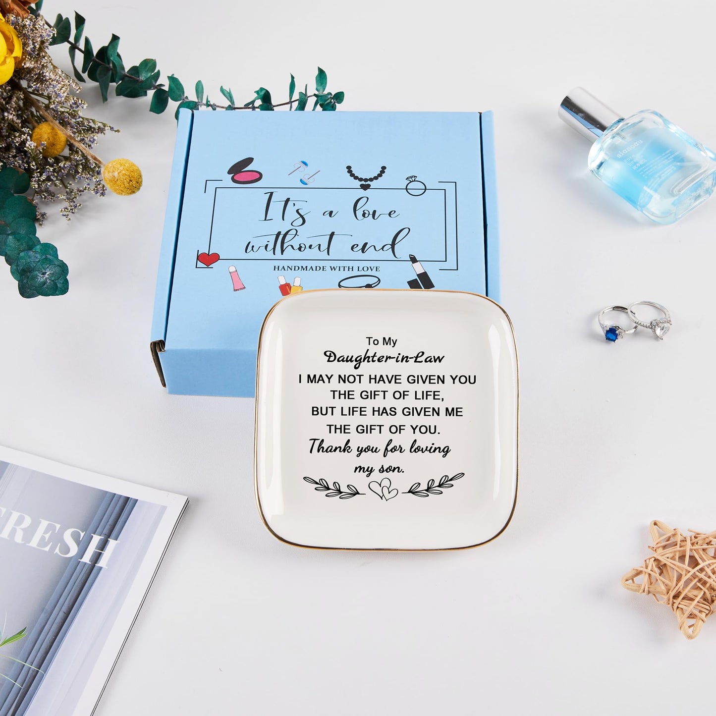 Daughter in Law Gifts from Mother in Law - Jewelry Dish Tay for Daughter in Law Birthday Christmas Valentines Mother's Day Wedding Gift for Daughter in Law - Thank You for Loving My Son