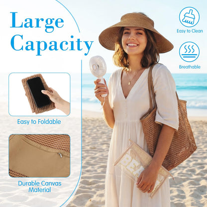 Hsei 4 Pcs Beach Gifts Set for Women Beach Tote Bag, Sun Hats, Makeup Bags, Handheld Fan Beaches Essentials for Summer Travel
