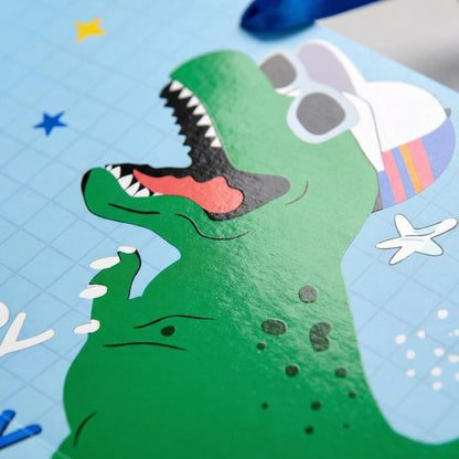 Joliloly 13" Happy Birthday Gift Bag, Dinosaur Print Sturdy Thick Paper Bag for Kids, Reusable Birthday Present Bag with Tissue Paper and Card for Boys Girls, Party Gift Wrapping Supplies