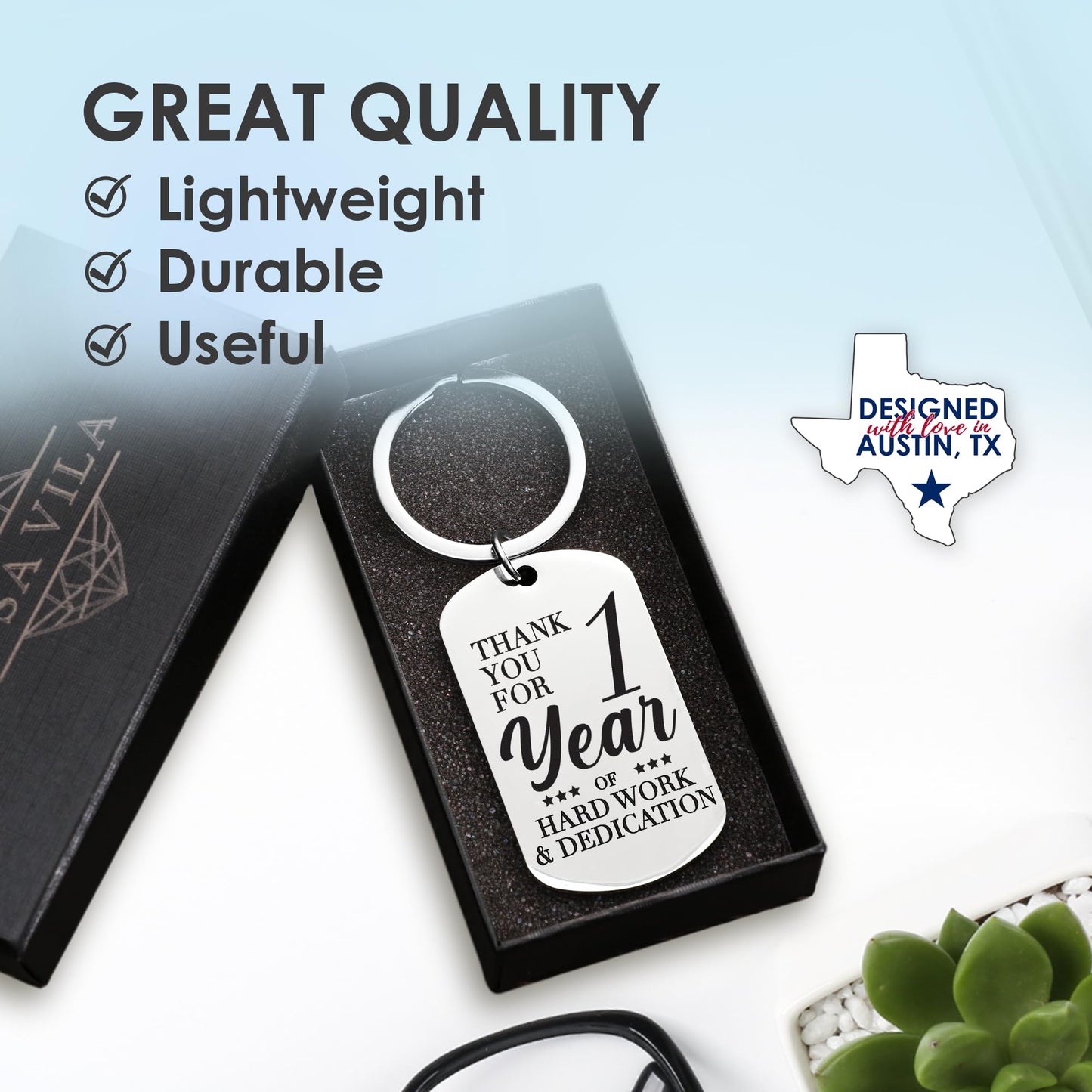 Rosa Vila Work Anniversary Keychain, Employee Gift for Work Anniversary, Coworker, 1-Year, 5-Year, 10-Year, 20-Year