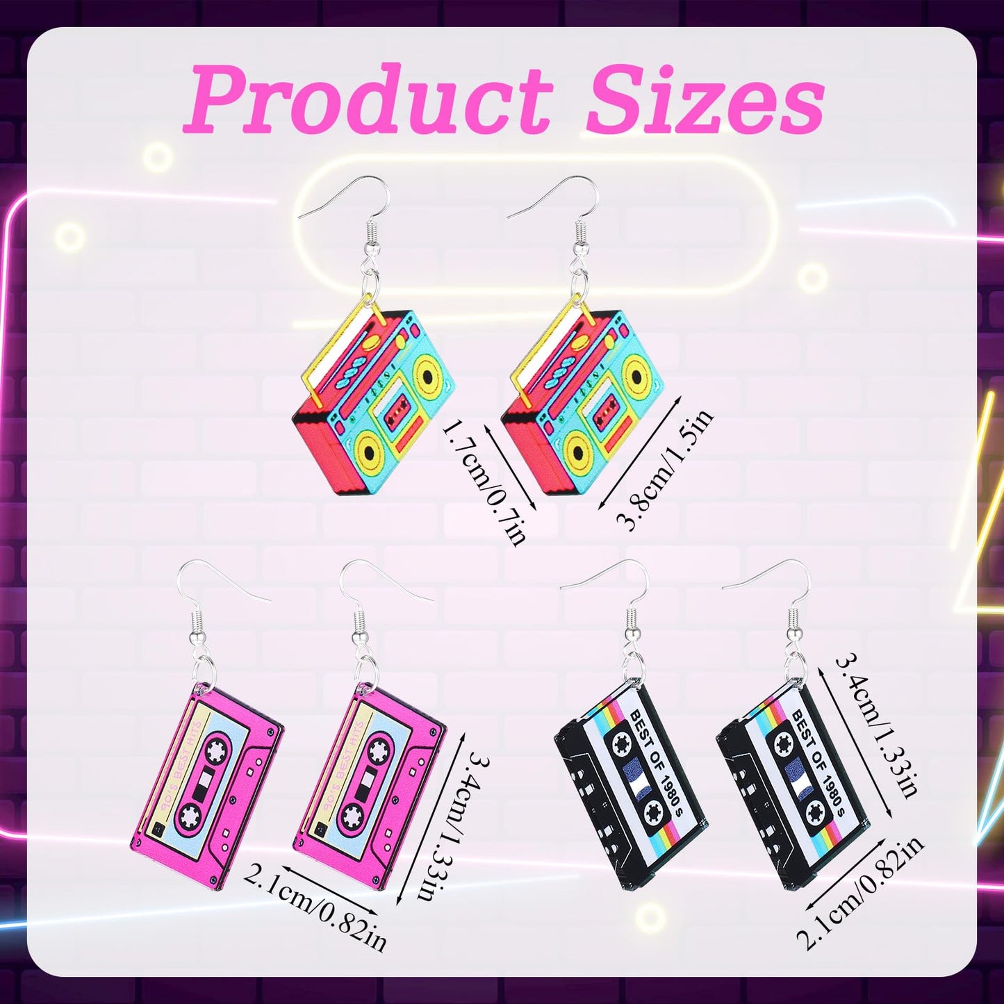 80s 90s Retro Cassette Tape Earrings, 3 Pairs Vintage Cassette Tape Earrings Neon Earring for Women Retro Geometric Drop Dangle Earring for 80s 90s Cosplay Party Outfit Gifts