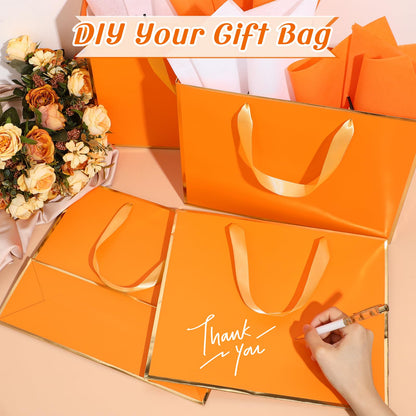 ReliThick 12 Pack Metallic Paper Gift Bag with Handles and Tissue Paper 11.8 x 10 x 4'' Thank You Favor Bag for Graduation Mother's Day Wedding Bridesmaid Groomsman 5 Senses Gifts (Orange,Gold)