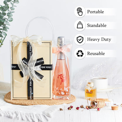 Ohuimrt 20 PCS Clear Plastic Gift Bags with Handles, 9.84 x 9.84 x 3.54 Inches Reusable Party Favor Bags with Ribbon Transparent Gift Wrap Bags Bulk for Weddings Birthdays