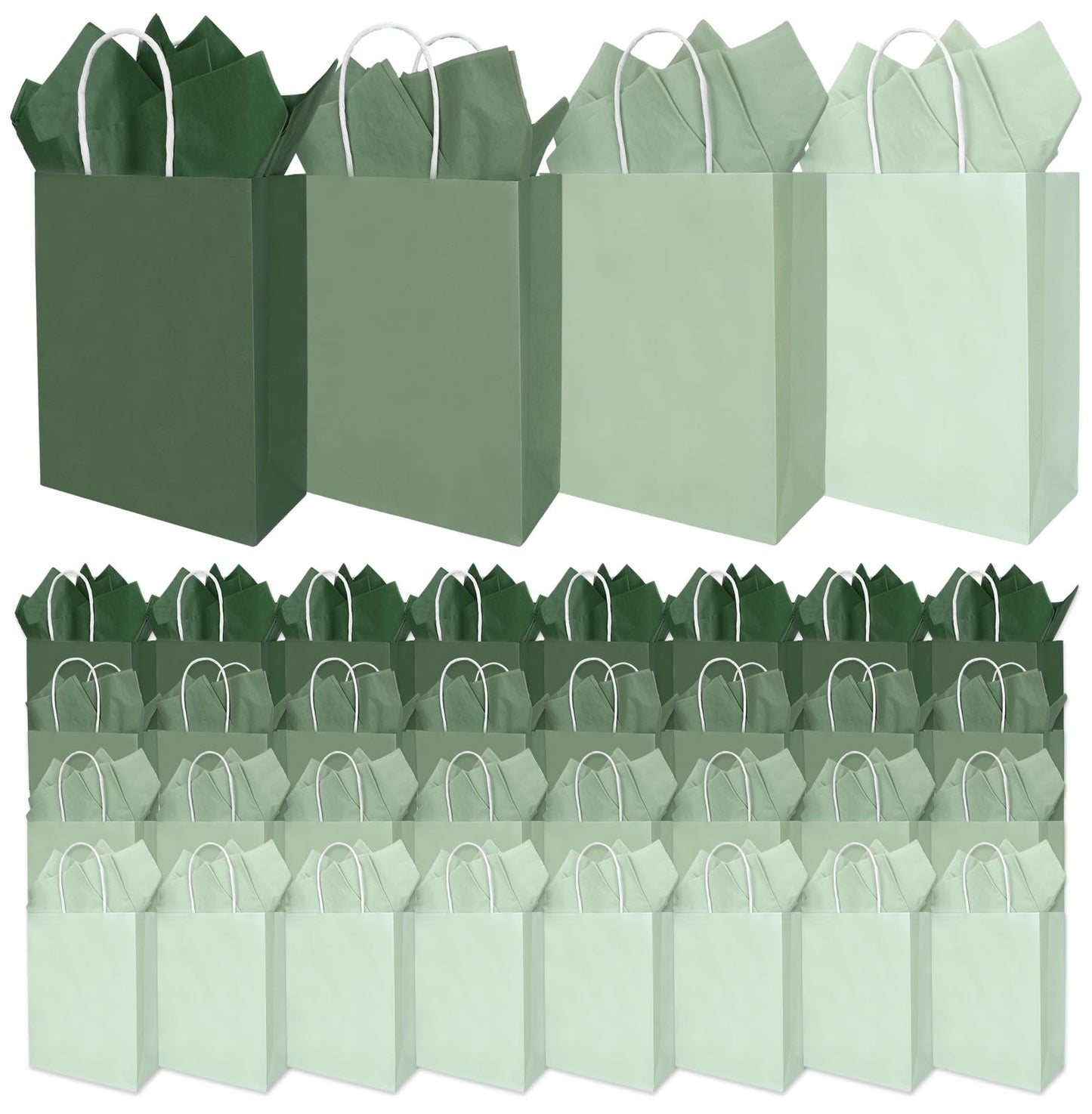 Whaline 36 Pcs Sage Green Paper Gift Bags with Tissue Paper Gradient Green Party Favor Bags with Handle Goodie Candy Treat Bag for Mother's Day Wedding Birthday Baby Shower One Lucky Duck Patry