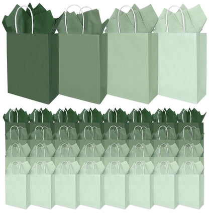 Whaline 36 Pcs Sage Green Paper Gift Bags with Tissue Paper Gradient Green Party Favor Bags with Handle Goodie Candy Treat Bag for Mother's Day Wedding Birthday Baby Shower One Lucky Duck Patry