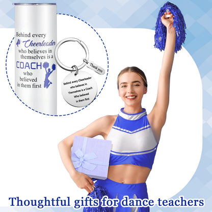 Suclain 2 Pcs Cheer Coach Gifts Set for Women 20 oz Cheerleader Tumbler with Lid Straw and Cheerleading Coach Keychain for Coach Cheerleader Birthday Retirement Gifts(Blue)