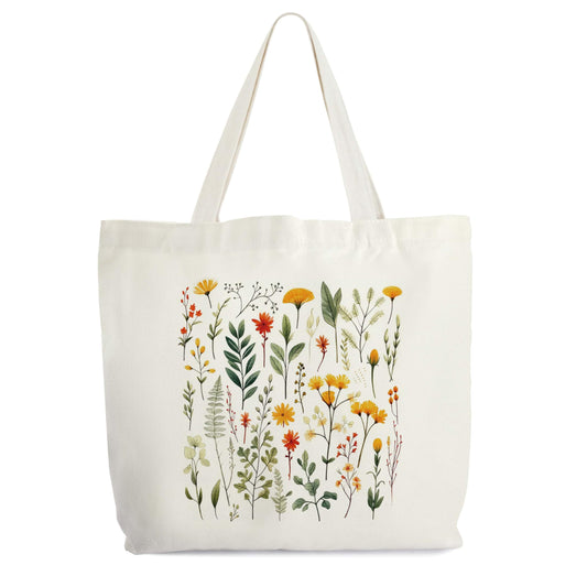 Wildflowers Totes for Women, Floral Canvas Tote, Spring Flowers Shopping Bag, Vintage Wild Flower Library Book Bag, Retro Botanical Shoulder Bags Gifts for Women Friends Sister Mom -74