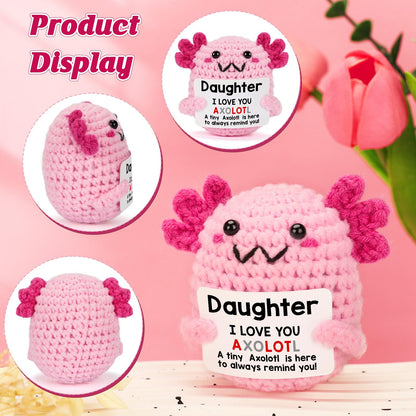 Daughter Gifts from Mom on Mothers Day, Handmade Crochet Axolotl Plush with I Love You Sign, Teen Girl Trendy Stuff, Birthday Christmas Valentines Easter Basket Stuffers for Tweens Kid