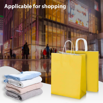 Oikss 50 Pack 10x5x13 Yellow Kraft Paper Bags with Handles Bulk for Birthday Party Favors Grocery Retail Shopping Business Goody Recycled Craft Gift Bags (Large Size, 50 Count)