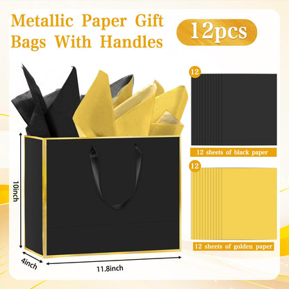 Epoesch 12 Pack Black Gift Bags with Handles – Includes 24 Tissue Paper – 11.8"x10"x4" – Elegant 5 Senses Gift Bags for Wedding, Bridesmaids, Groomsmen, Guests, Easter, Father's Day, Holidays (Black Gold)