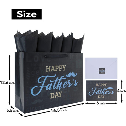 Qirrmiy 16.5'' Extra Large Father's Day Bag Gift Bag Set with Handles, Greeting Card, Black Tissue Papers and Stickers for Men for Best Dad Ever, Dad Day, Father's Day Design, 1 Pcs