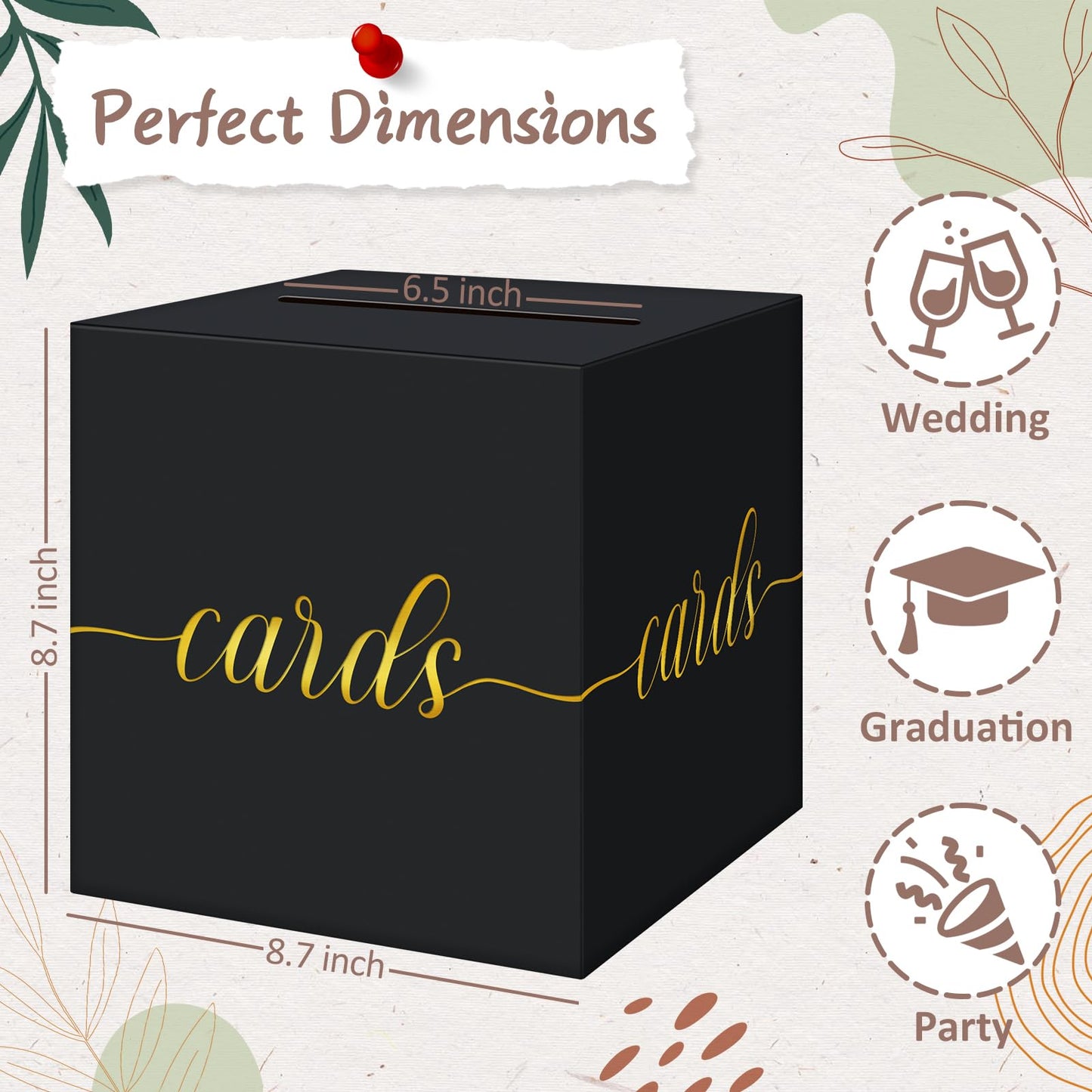 QIKSION Black Graduation Card Box, Gold Foil Gift Card Box for Party Decorations, Wedding Reception, Birthday, Baby & Bridal Shower, Anniversary, Retirement
