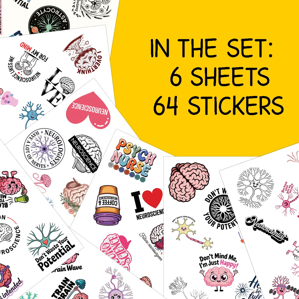 64PCS Neuroscience Brain Stickers – Funny Psychology Neuron Vinyl Stickers for Laptop, Water Bottles, Journals, Medical Students, Psych Nurse Gifts, Mental Health