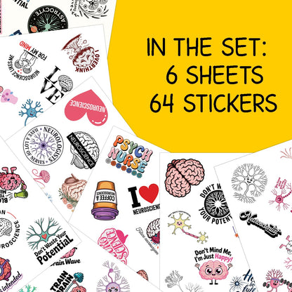 64PCS Neuroscience Brain Stickers – Funny Psychology Neuron Vinyl Stickers for Laptop, Water Bottles, Journals, Medical Students, Psych Nurse Gifts, Mental Health