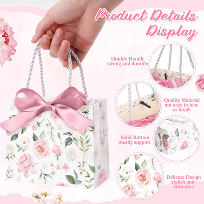 Moinchore 30 Pcs Pink Floral Paper Gift Bags with Ribbon Handles, 5.5 x 4.7 x 2.5 in Medium Decorative Favor Bags for Baby Shower, Bridal Party, Wedding, Birthday, Candy, Snacks and Small Gifts