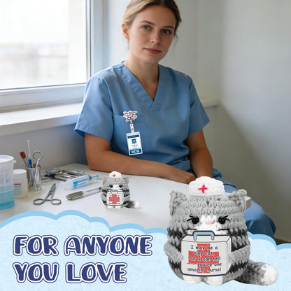 Funny Nurse Week Gifts for Women - 2026 Positive Crochet Cat with Nurse Badge Reel - Animals Emotional Appreciation Gifts for RN Registered Practitioner, LPN, Nursing School Graduation, Christmas
