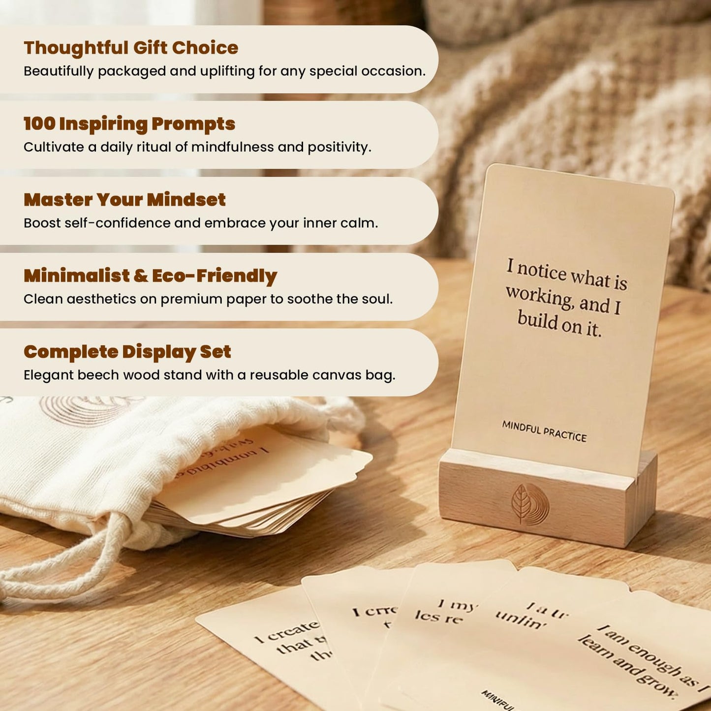 Affirmation Cards, 100 Mindful Prompts with Wooden Display Stand - Daily Affirmations for Inspiration, Mindfulness & Self Care - Unique Affirmation Gifts for Women or Men