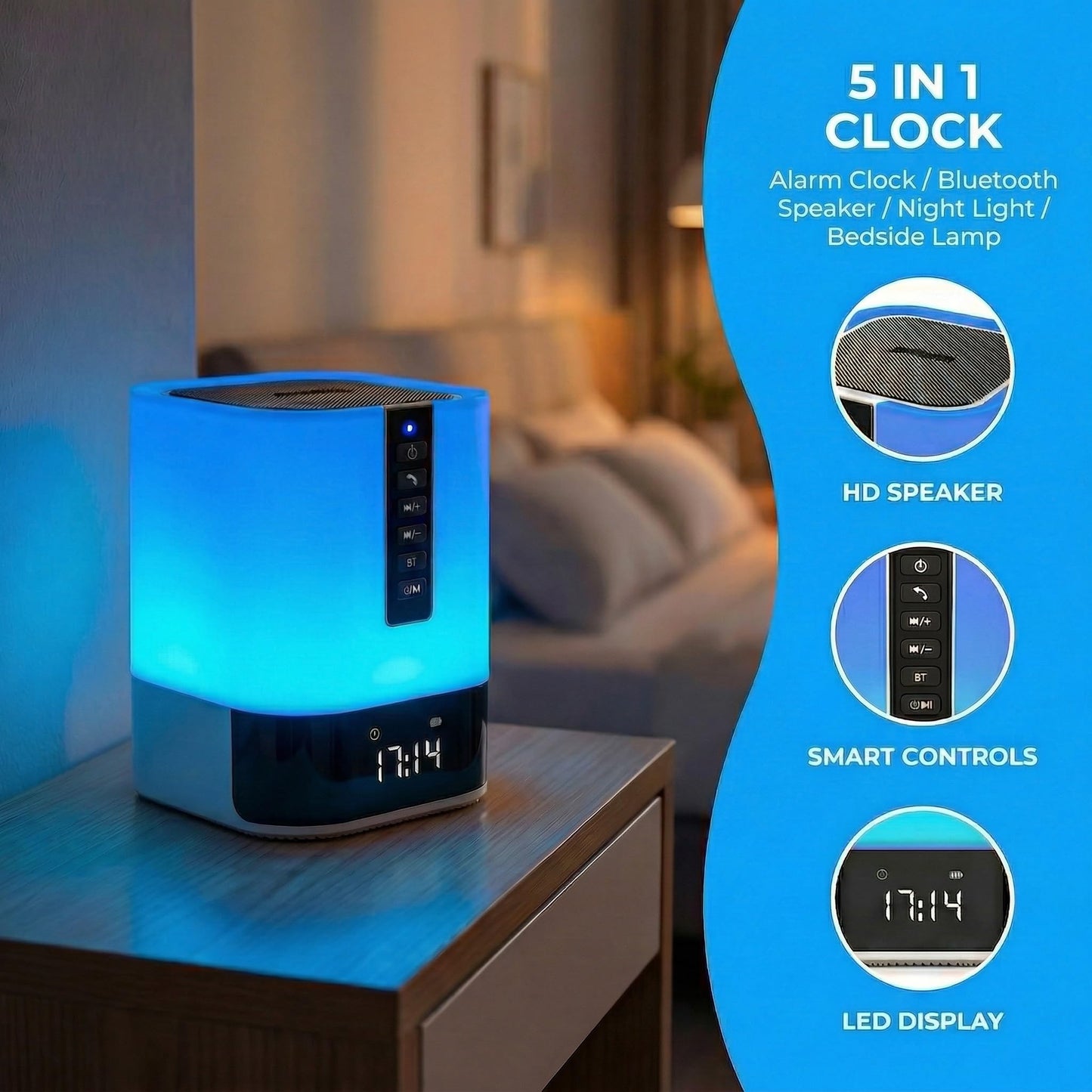 Hetyre Night Light Bluetooth Speaker, 5 in 1 Touch Control Bedside Lamp Dimmable Multi-Color Changing, Bedroom Alarm Clock, Best Birthday Gift Ideas for 10 11 12 13 14 Year Old Teenage Girls/Boys