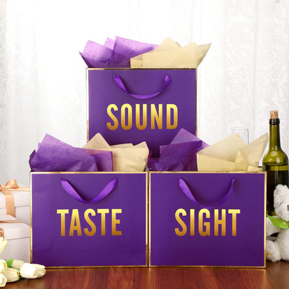 Kolldenn 5 Senses Gift Bags for Him Her Five Senses Gift Bag with Ribbon Handles and Tissue Paper Present Wrappings for Valentine Wedding Birthday Mothers Day(Dark Purple,11.8 x 10 x 4 Inch)