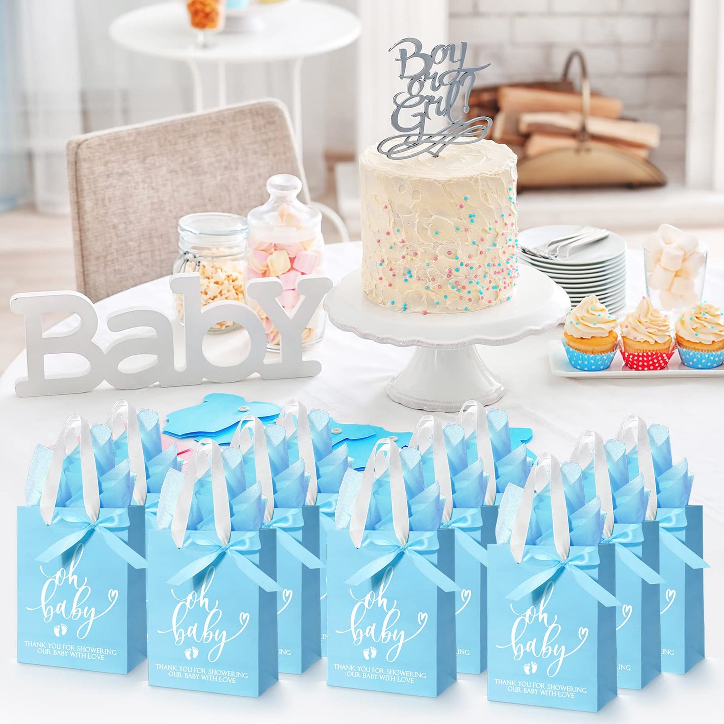 PerKoop 50 Packs Baby Shower Gifts Bags Bulk Baby Shower Favor Bags with Handle Paper and 50 Sheets Decorative Tissue Paper for Guests Gifts Gender Reveal(Blue)