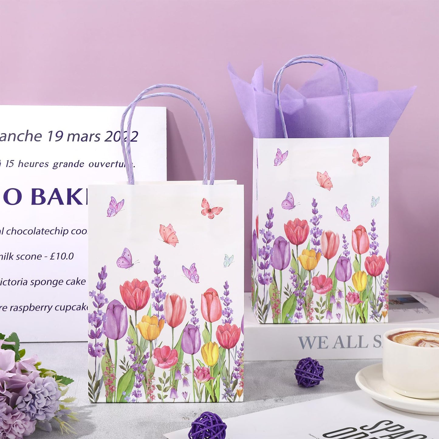 FYSUIMU 24 Pcs Tulips Lavender Floral Paper Gift Bags with 30 Purple Tissue Paper Watercolor Flower Butterfly Treat Bag with Handles for Birthday Baby Shower Wedding Party Favors