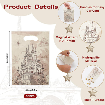 Mikzhskr 30Pcs Magical Wizard Party Favors Bags with Handle Plastic Waterproof Old Castle Themed Goodie Candy Snack Bag Gift Pack for Kids Birthday Decoration Supplies, 10 x 7 in
