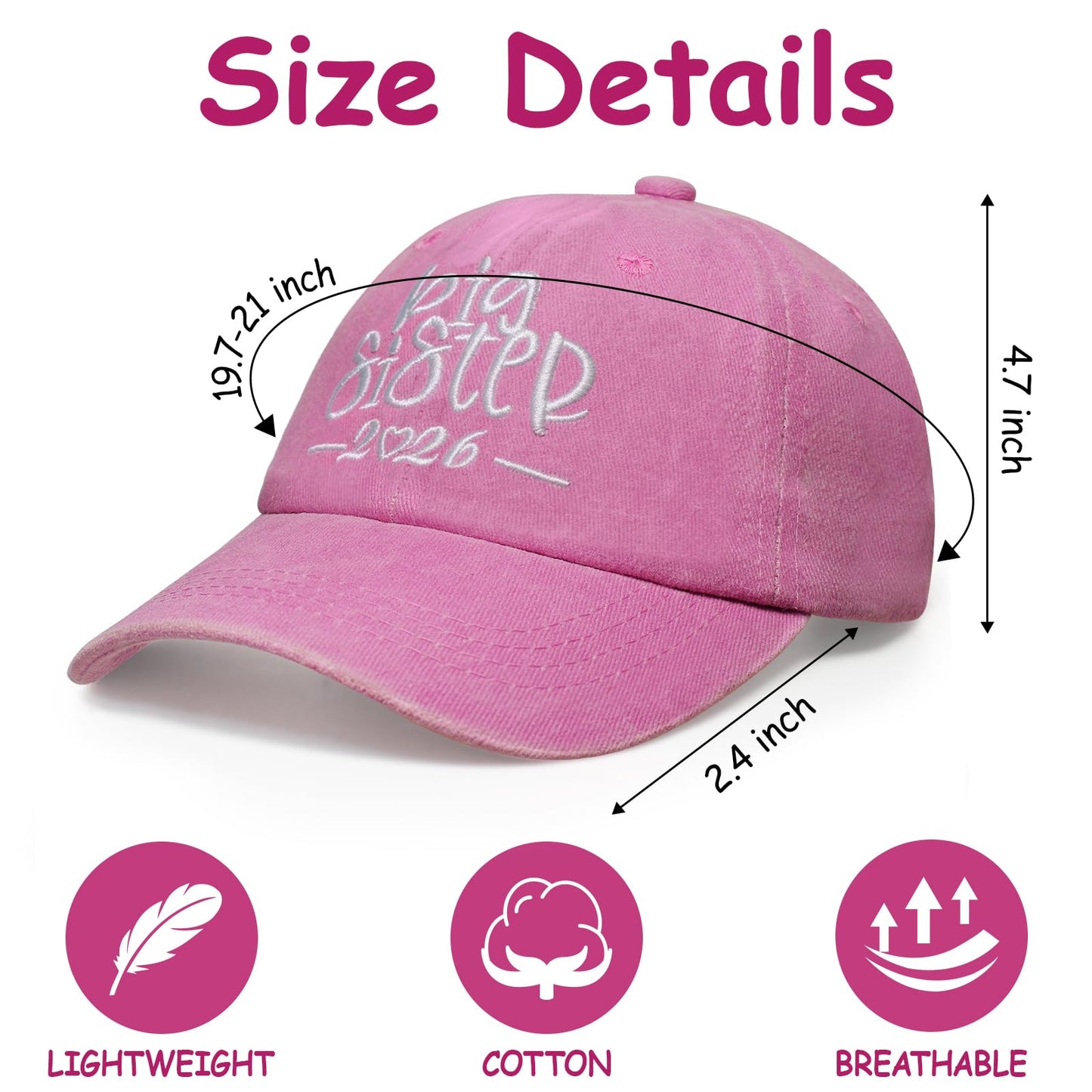 Big Sister Hats 2026 Big Sister Gifts for Girls Adjustable Embroidered Baseball Hats for Girl Washed Pink