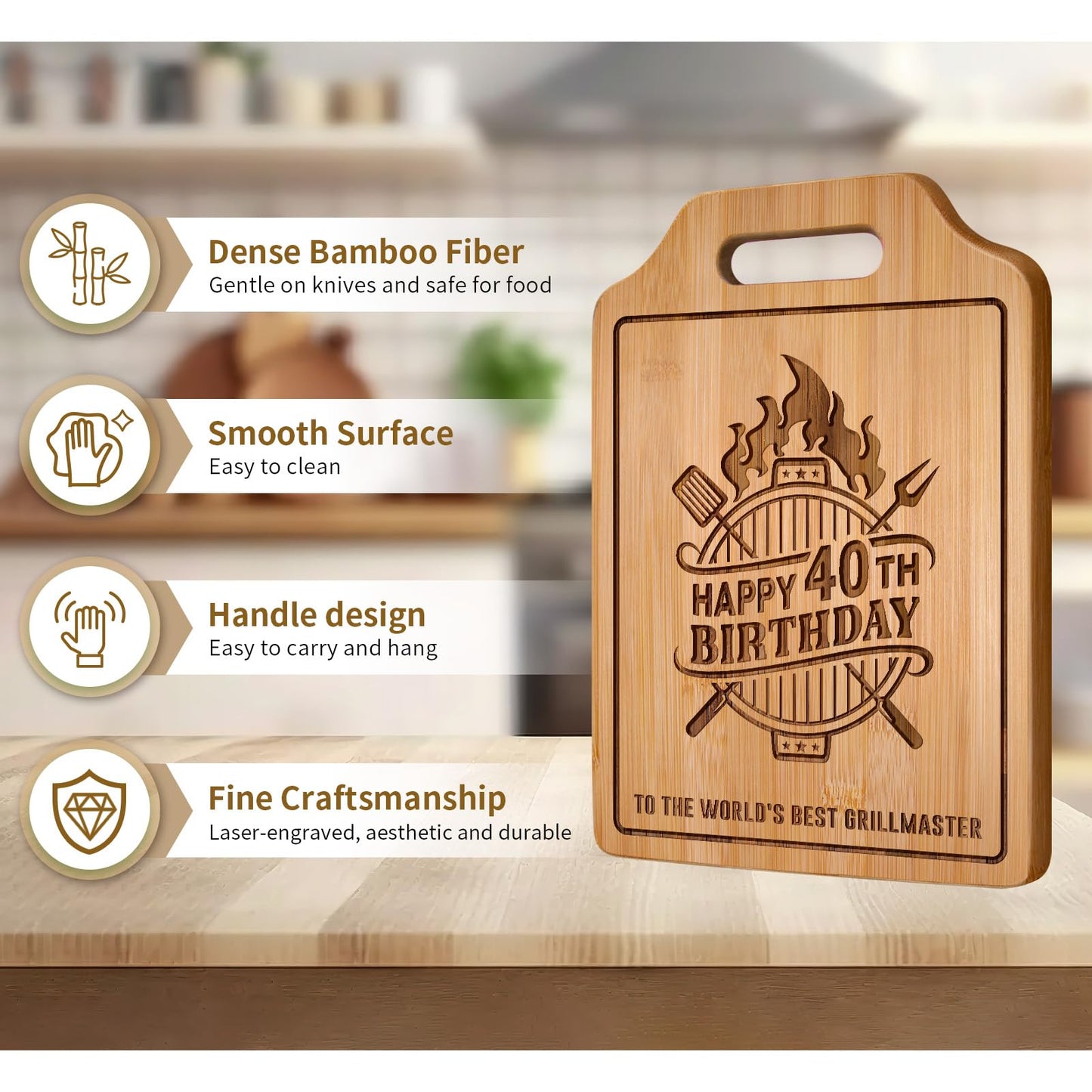AceThrills 40Th Birthday Decorations for Men, 40Th Birthday Gifts Men - Engraved Bamboo Cutting Board 12.3"L X 8.7"W X 0.4"Th