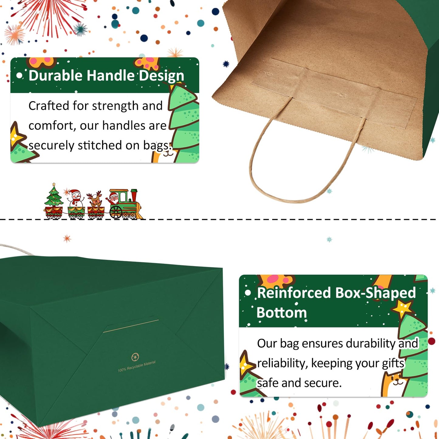BagDream Forest Green Paper Bags with Handles Bulk 10x5x13 Inch 50Pcs Large Kraft Paper Gift Bags for Christmas, Thanksgiving, Outings, Craft, Retail, Grocery, Shopping, Recyclable