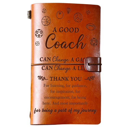 PRSTENLY Coach Gifts Leather Journal, 140 Page Refillable Notebooks Basketball Soccer Football Baseball Softball Coaches Gifts, Thank You Appreciation Christmas Birthday Gifts for Coach Women Men