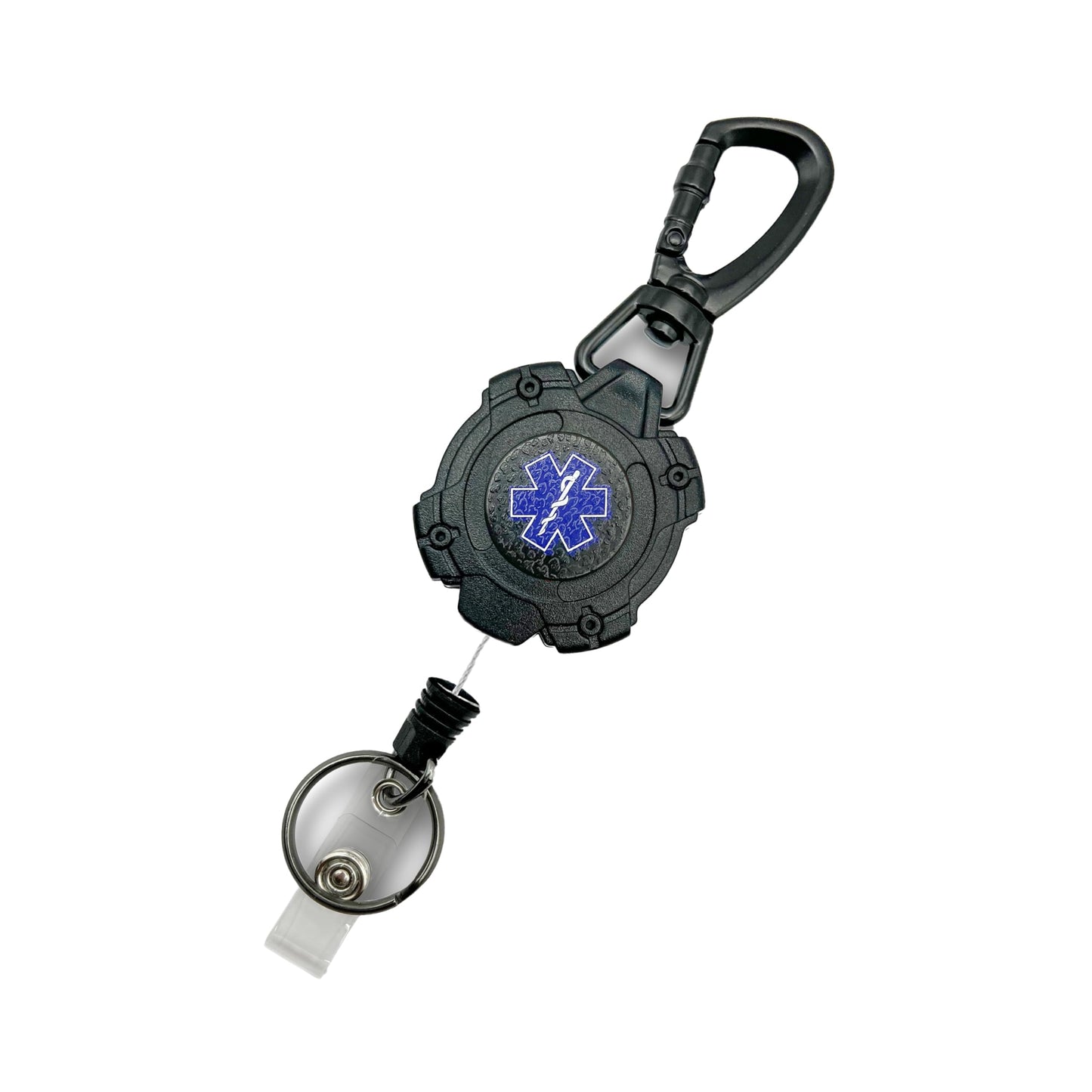 EMS, EMT, Paramedic/Medic Heavy Duty Medical Badge Reel Star of Life. 360° Swivel Carabiner Clip. 32.5” Steel Cable/Rope with Key Ring & ID Strap. 8 oz Weight