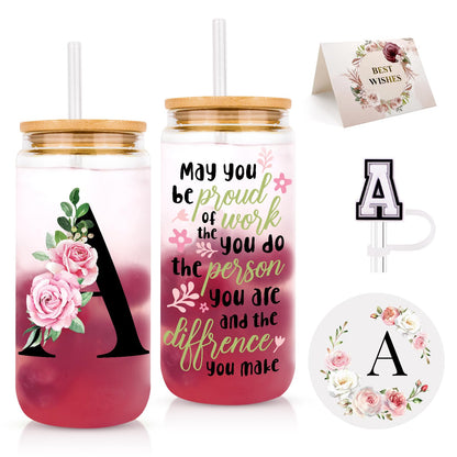 Initial Glass Cups with Lids and Straws, Personalized Gifts for Women, Iced Coffee Cup Glass Tumbler, Birthday Bridesmaid Proposal Inspirational Customized Gifts for Her Girls (A)