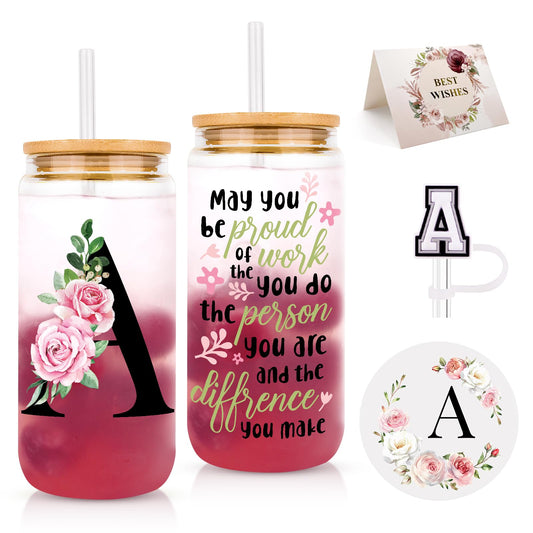 Initial Glass Cups with Lids and Straws, Personalized Gifts for Women, Iced Coffee Cup Glass Tumbler, Birthday Bridesmaid Proposal Inspirational Customized Gifts for Her Girls (A)