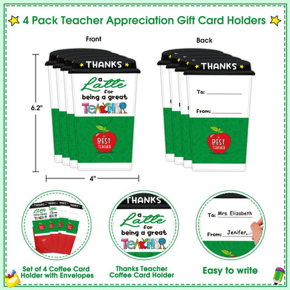 FLYAB Teacher Appreciation Gift Card - 4 Set Teacher Coffee Gift Card Holders with Envelopes Thank You Gifts Holders End of School Year Gifts for Teachers from Students Kids
