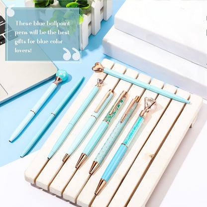 Janmini 9 Pcs Ballpoint Pens Set Metal Crystal Diamond Glitter Pens for Journaling Black Ink Pretty Cute Things Fancy Stationery Gifts for Women Girls Birthday Home Office Desk(Blue)