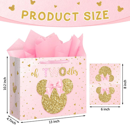13" Large Oh Twodles Birthday Gift Bag with Tissue Paper and Greeting Card Glitter Pink Gold Wrapping Paper Bags Cartoon Mouse Happy 2nd Birthday Party Favor Bags for Girls 13"L x 10.2"H x 4.9"W