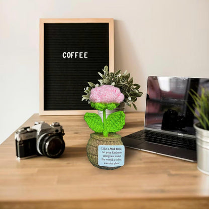 Handmade Crochet Flower Pots with Card | Decor, Gift, Appreciation for Women, Best Friends, Teachers, Coworkers | Perfect for Birthday, Christmas, Mother’s Day, Special Occasions (Pink Rose)