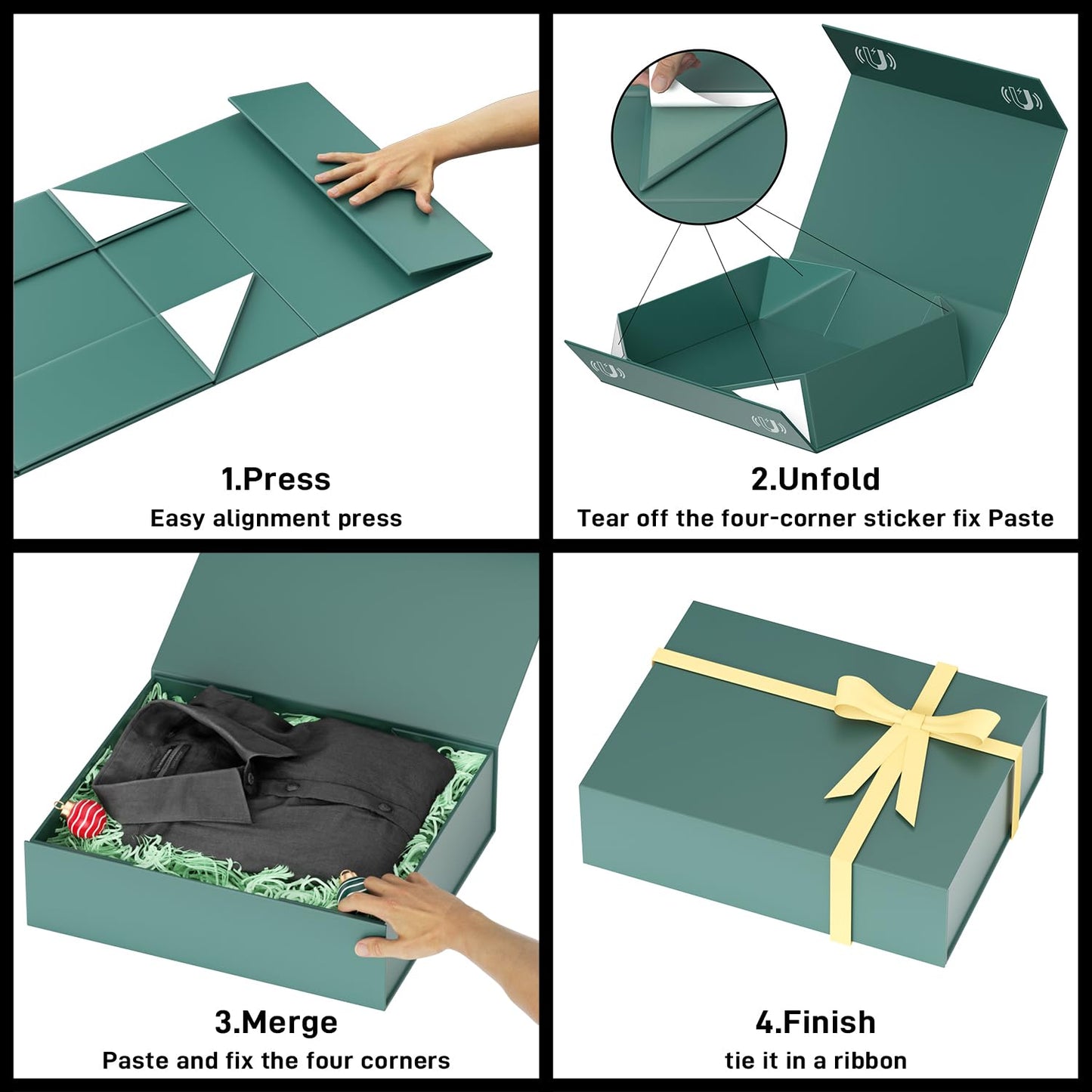 PSHVYM Gift Boxes with Lids, 11.5x7.8x3 In Forest Green Gift Box for Presents Magnetic Closure for T-Shirts, Gloves, Scarves, Books, Baby Clothes, Clothing Gift Wrap, Contains Card, Ribbon (5PACK)