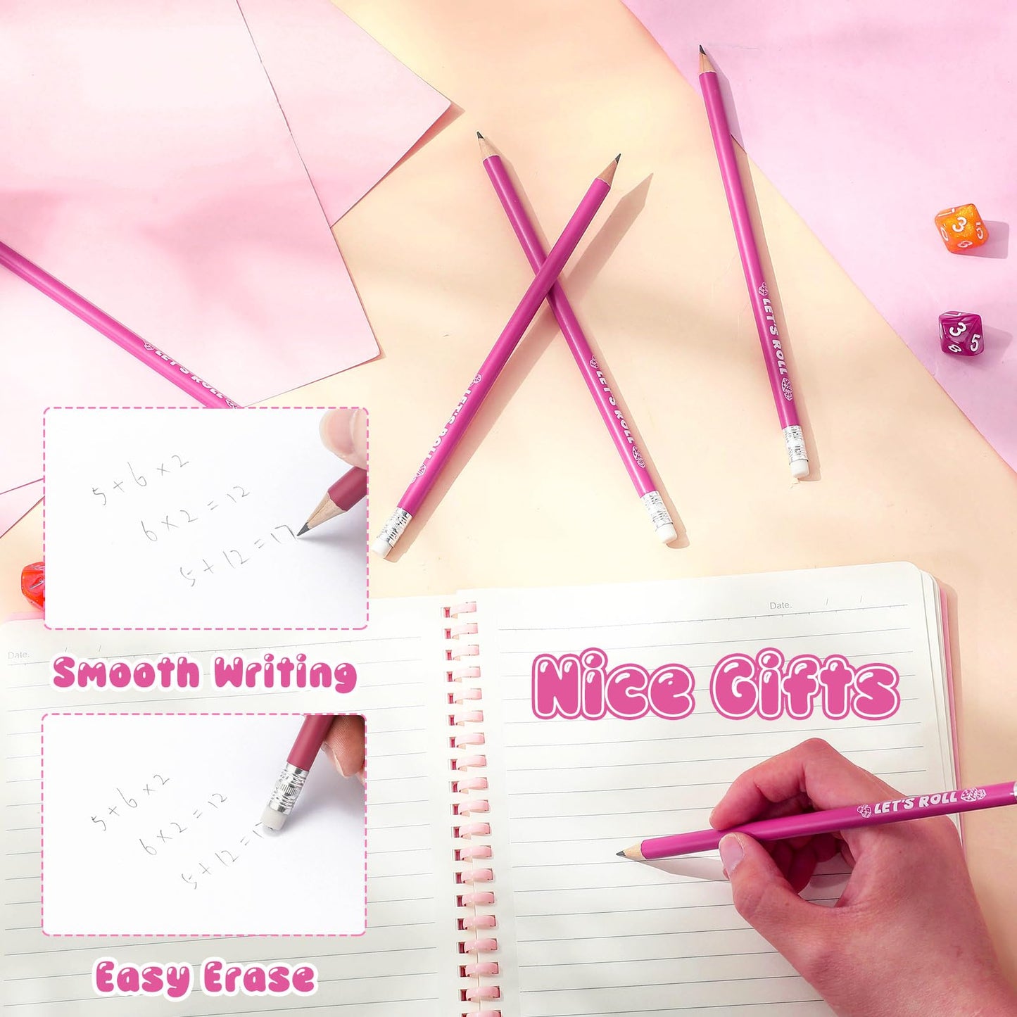 Sinload 36 Pcs Bunco Let's Roll Pencils with Eraser Player Game Scoring, Wooden Pink Pencils Suitable for Writing, Drawing and Bunco Party Supplies