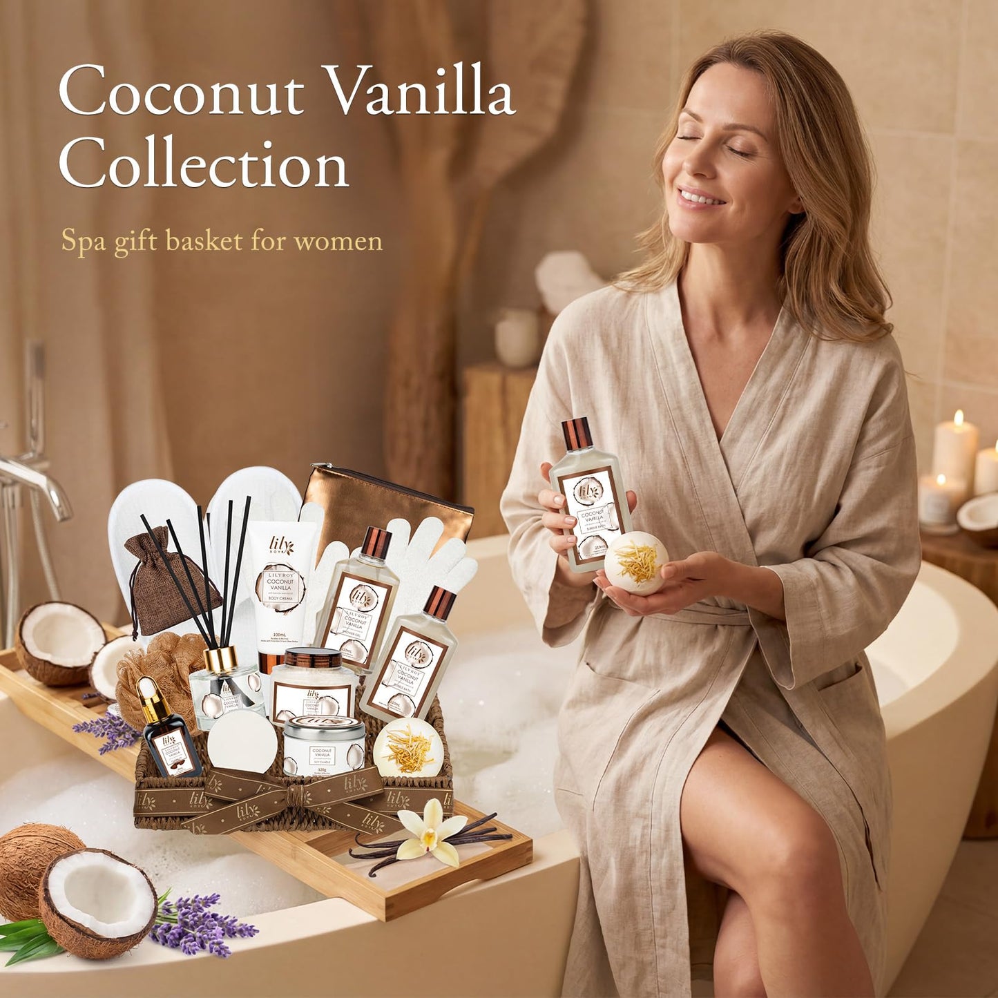Gifts for Women & Men, Coconut Vanilla Birthday Gift Basket, Spa Gift Basket for Women, Bath and Body Spa Gifts for Mom & Dad, Spa Gift Set Designed for Fathers Day, Mothers Day, Christmas Gifts