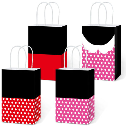 Afniimyapt 12Pcs Red Mouse Party Favor Goodie Bags with Handle Cartoon Mouse Theme Paper Treat Bags Pink Red Polka Dot Candy Gift Packing Supplies for Cartoon Themed Birthday Party Bridal Decorations