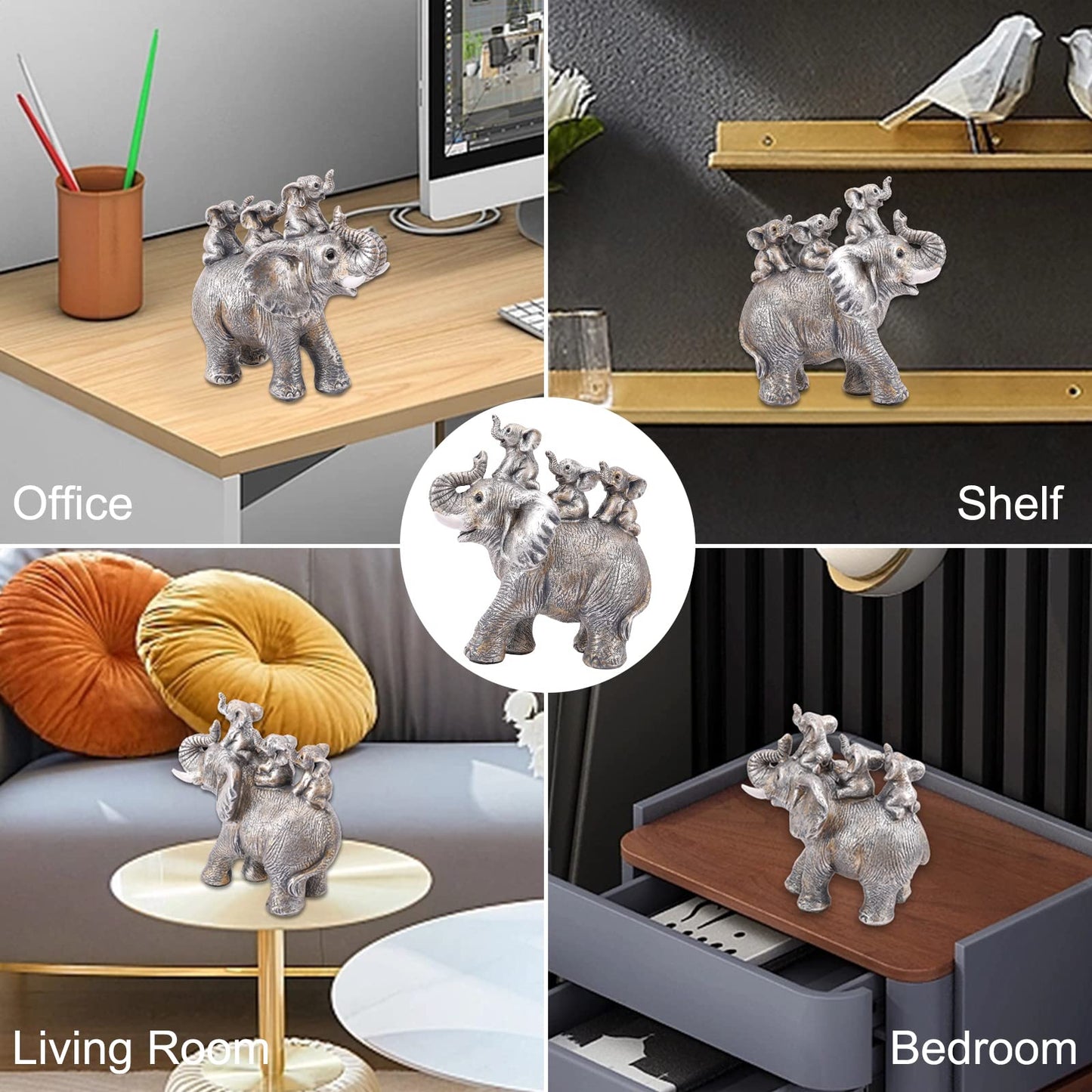 Cute Silver Elephant Statue Good Luck Elephant Carries Three Calves on Its Back Figurines Décor for Shelf Good Gifts for Women Decoration for Living Room, Bedroom, Office