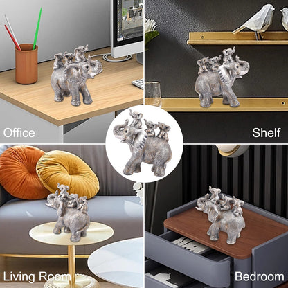 Cute Silver Elephant Statue Good Luck Elephant Carries Three Calves on Its Back Figurines Décor for Shelf Good Gifts for Women Decoration for Living Room, Bedroom, Office