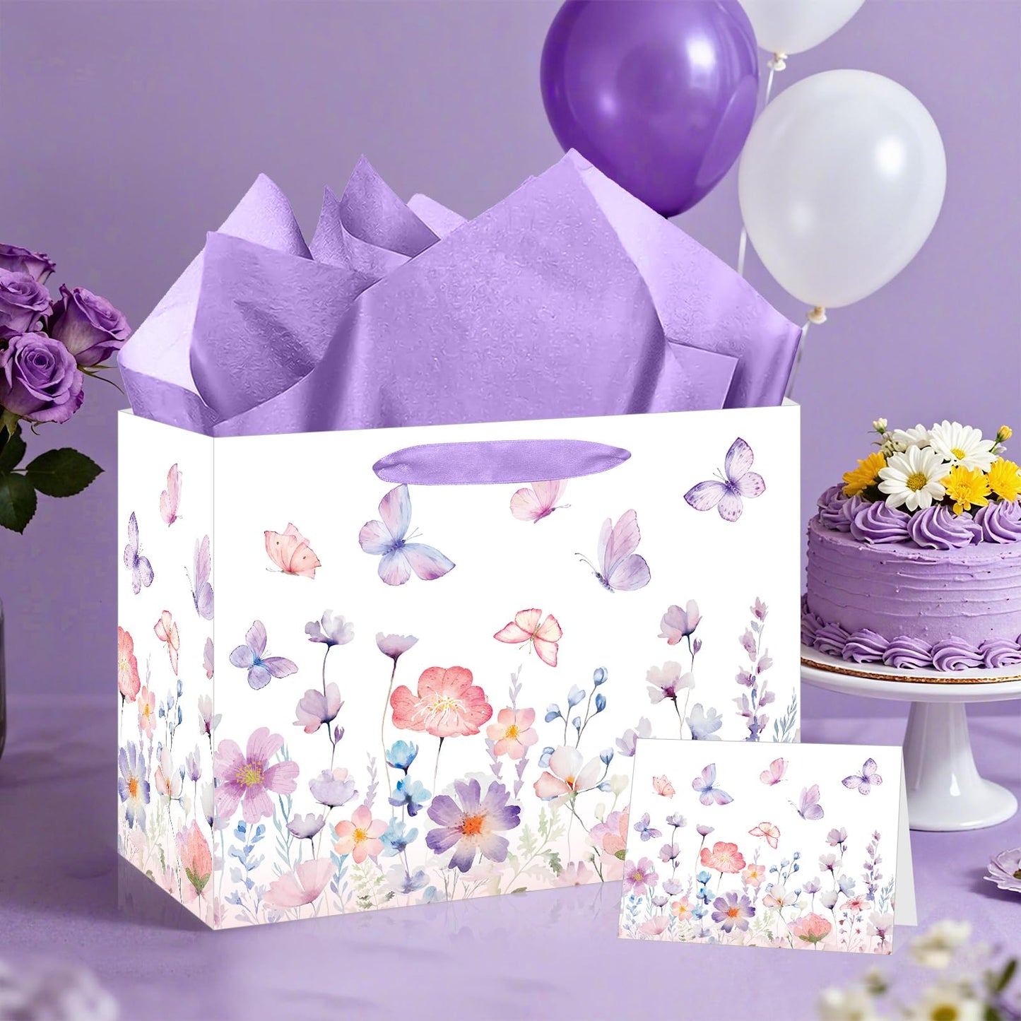 Purple Butterfly Gift Bag for Women Girls Purple Floral Birthday Party Favors Bags with Wrapping Tissue Paper and Greeting Card for Birthday Wedding Shower Party Supplies