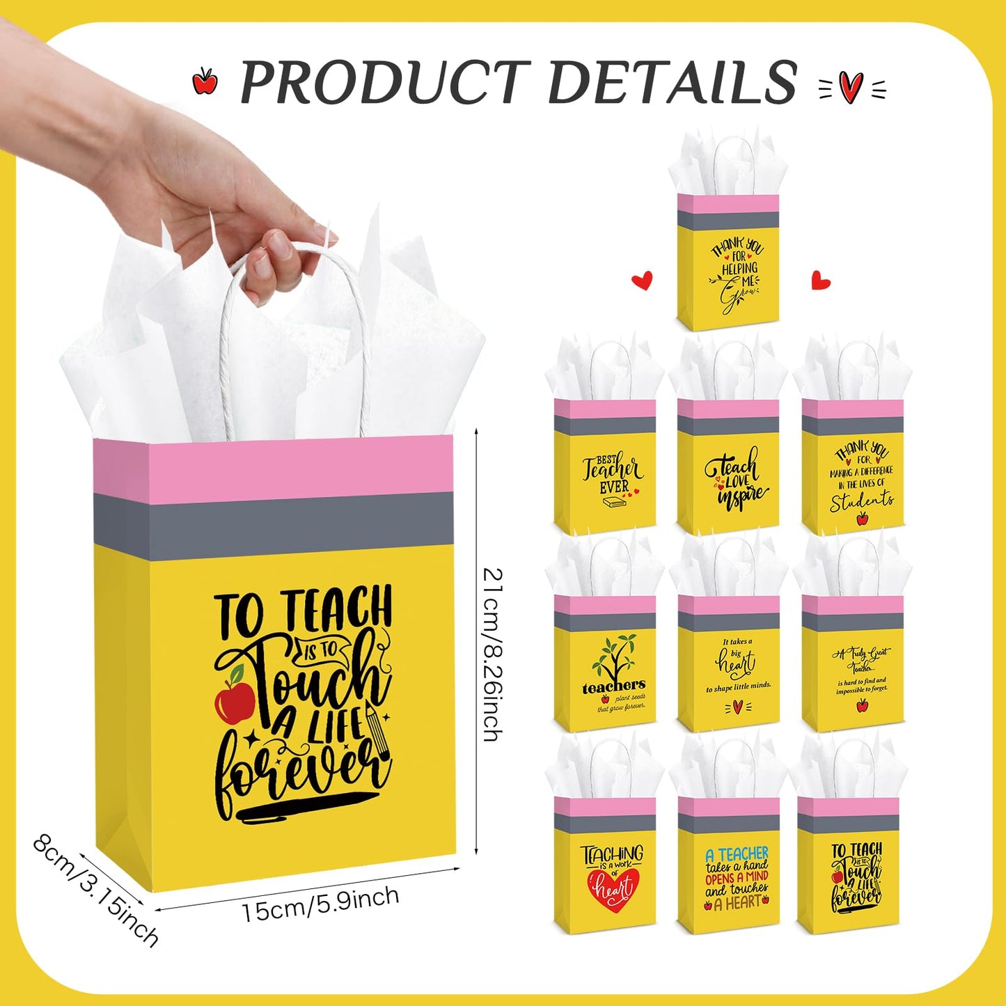 Motipuns 20 Sets Teacher Appreciation Gift Bags with Handles and Tissue Paper Best Teacher Ever Kraft Bags Thank You Gift for End of School Graduation Classroom Retirement, 5.9 x 3.15 x 8.27 Inch